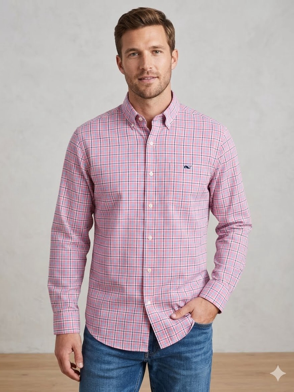 Vineyard Vines Pink Plaid Whale Shirt - L